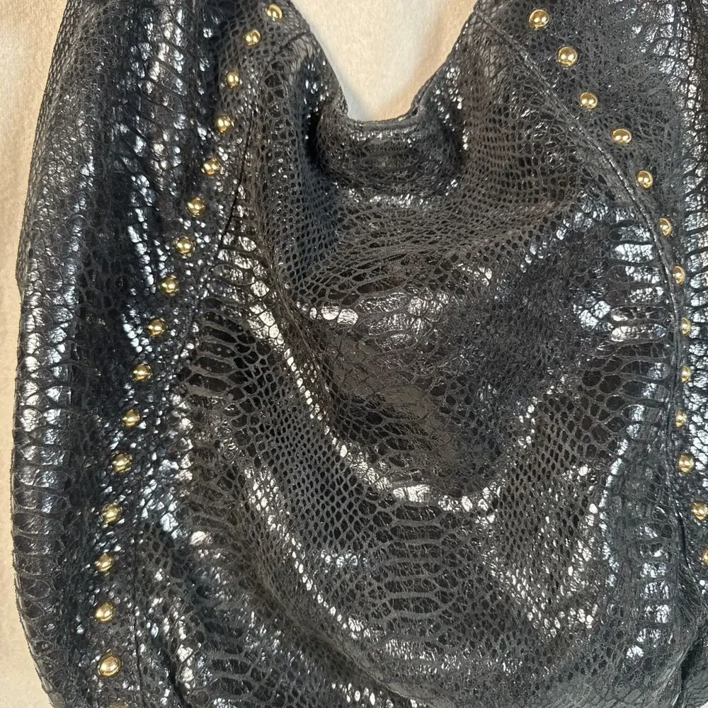 Michael Kors Black Snakeskin Python Chain Tote Shoulder Bag Boho gold accents